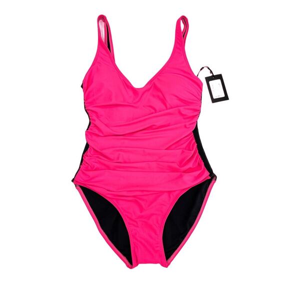 DKNY NEON PINK Ruched Mesh-Contrast One-Piece Swimsuit 4 NWT $98 - Picture 1 of 5